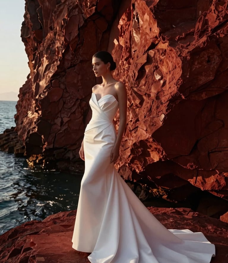 Dramatic high-contrast editorial bridal portrait of a bride in a structured white gown against Nha Trang coastal cliffs, direct golden hour sunlight.