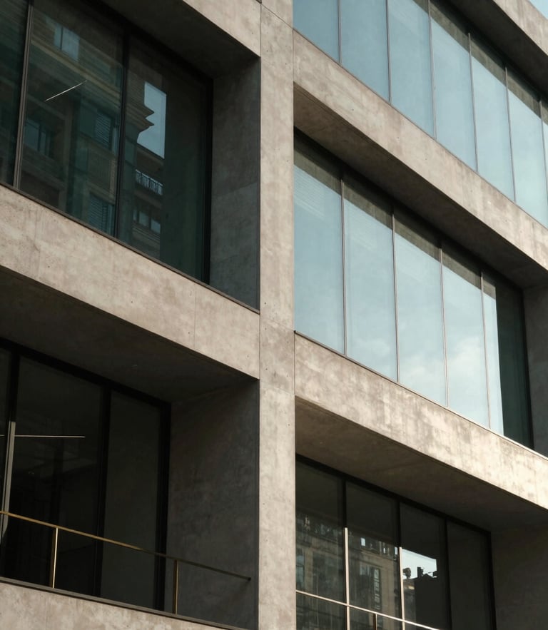 Elegant architectural detail of a modern concrete and glass building, clean straight lines, soft morning light with deep shadows, high-contrast editorial look