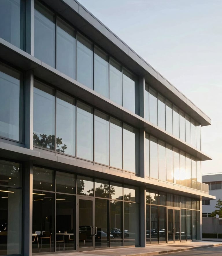 Straight-on architectural shot of a modern commercial facade with clean glass and steel lines under crisp morning light.
