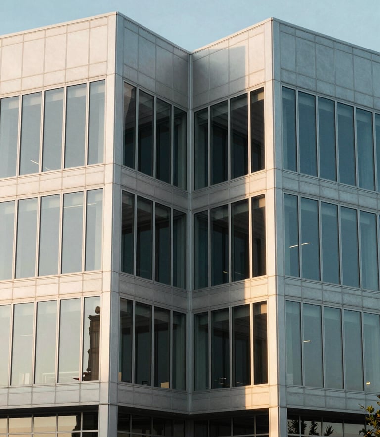 Symmetrical architectural photograph of a modern commercial office facade with clean steel and glass lines, soft morning light, Warrington Pennsylvania.