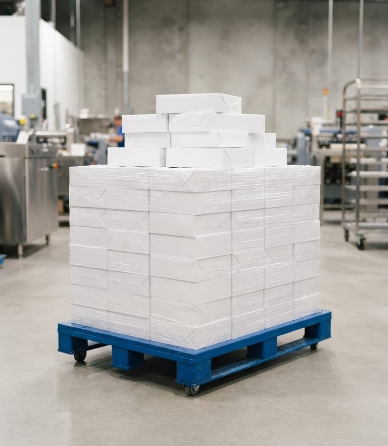 Crisp industrial product photography of stacked high-brightness A4 paper reams on a clean blue steel factory pallet, bright studio lighting, 35mm