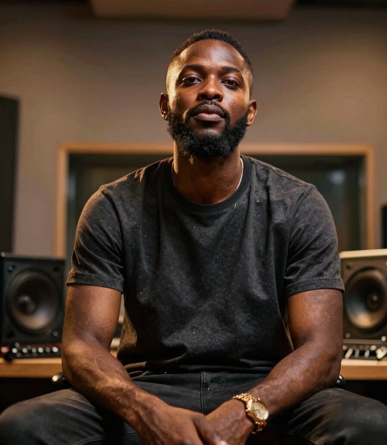 Dynamic low-angle portrait of a professional creator in a Lagos recording studio with warm gold rim lighting, cinematic framing.