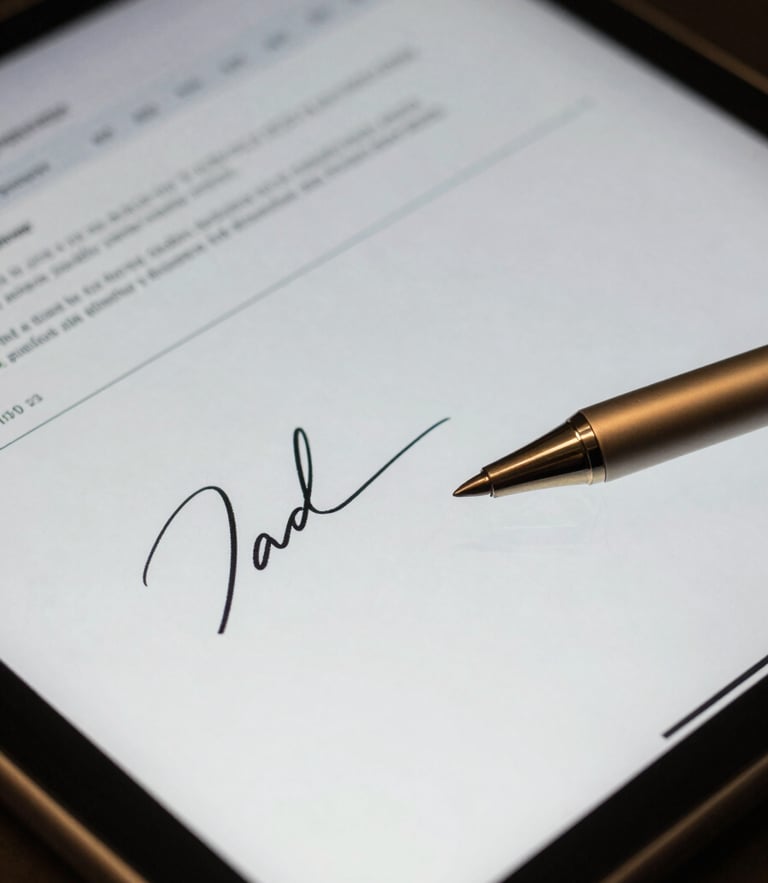 Macro detail of a secure tablet displaying a digital signature field with a gold stylus resting nearby, cool professional lighting, high contrast