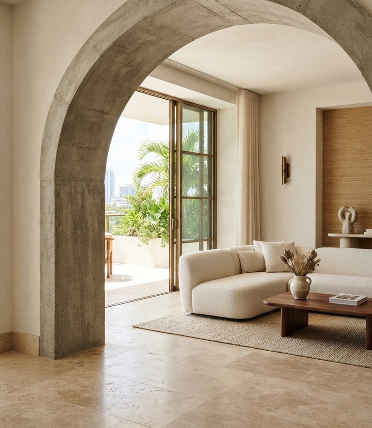 Warm architectural photography of a bright modern Miami interior with a concrete archway and neutral stone floor, natural daylight, medium format, sharp focus