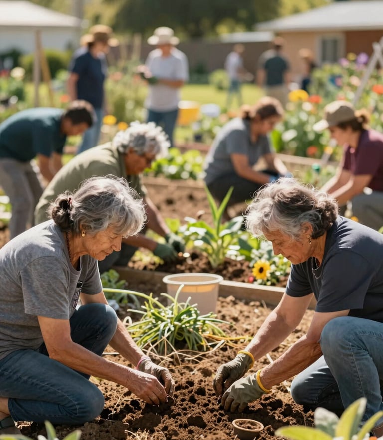 A vibrant community garden in the afternoon sun, local residents of different generations working together, rich earthy tones