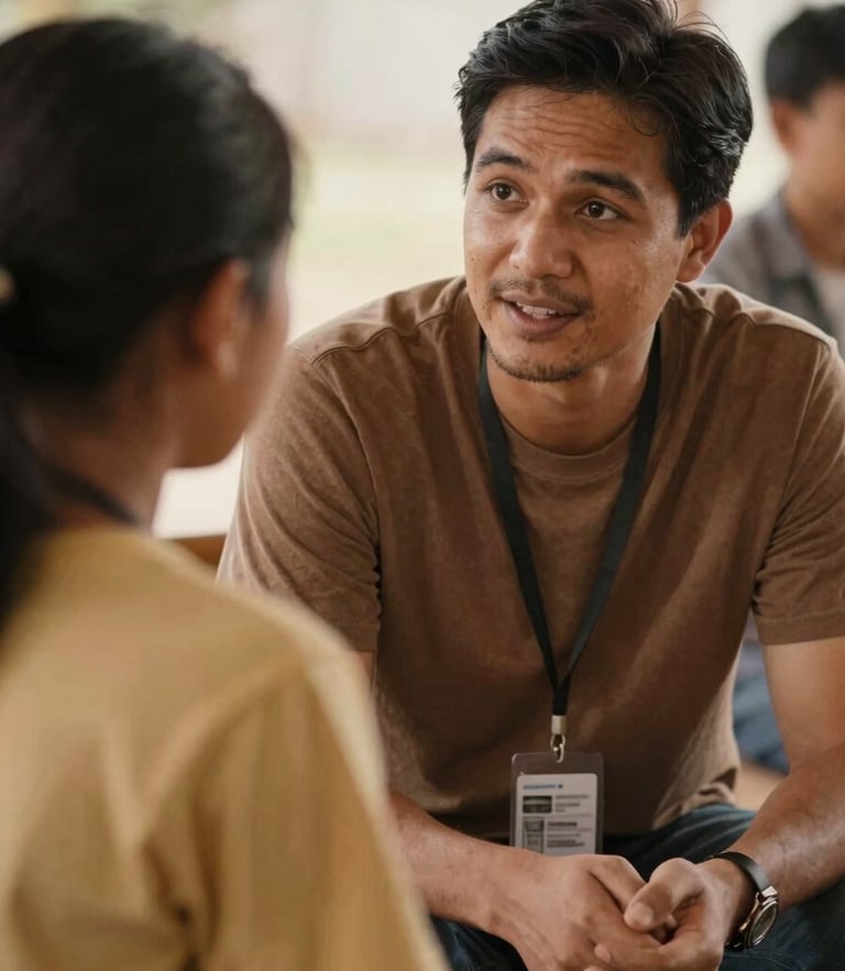 A warm, close-up shot of a community leader in conversation with a local student, soft natural daylight, rich earthy tones, authentic human connection.