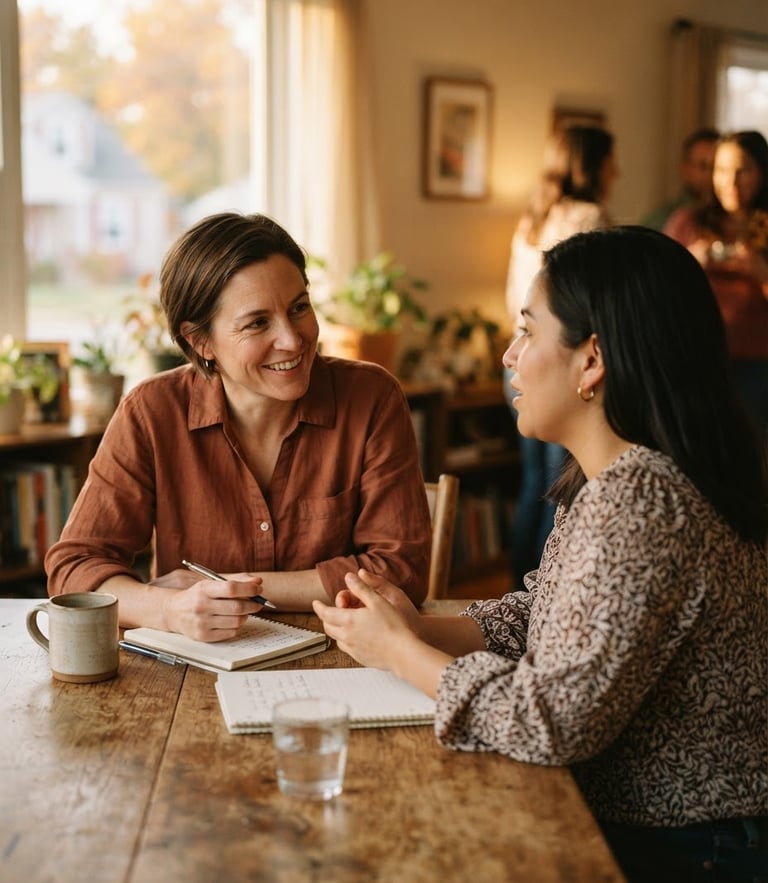Candid warm editorial photography of an Ohio family coordinator sitting at a wooden table, listening intently to a mother, soft window light, shallow depth of field, 35mm