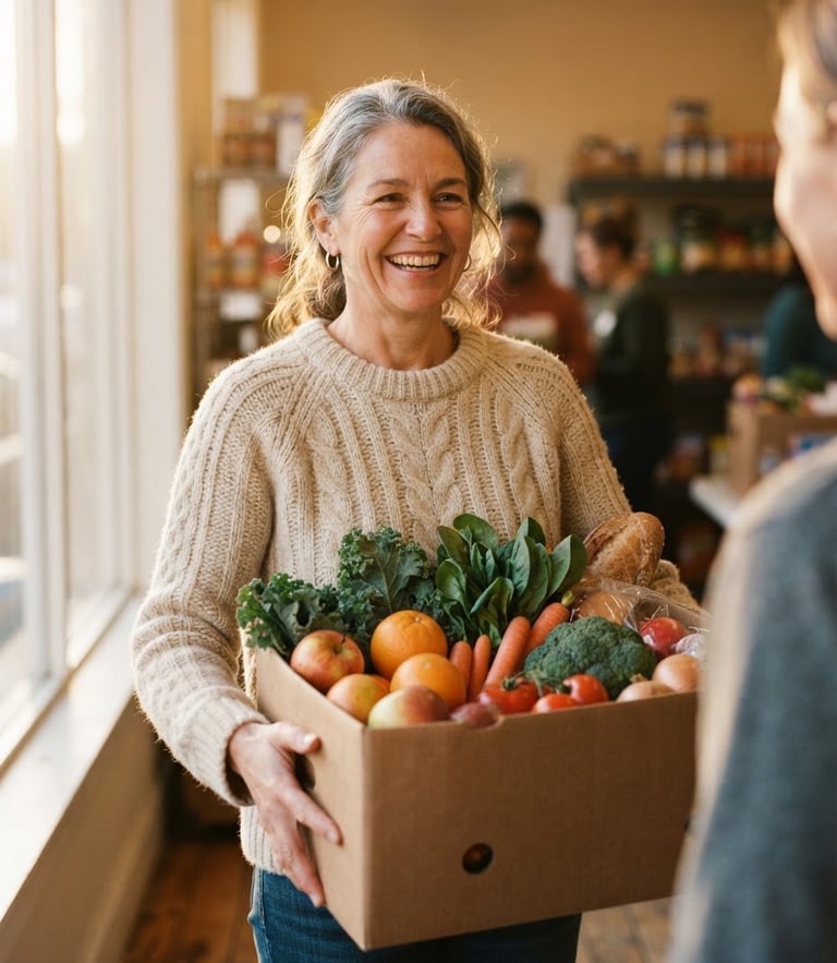 Candid medium shot of a cheerful volunteer in a warm knit sweater holding a box of fresh groceries, soft window light, shallow depth of field, 35mm