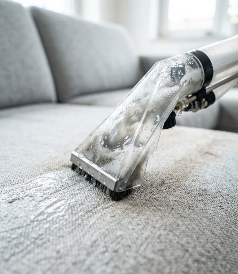 Close-up of a professional cleaning wand extracting deep dirt from a light gray sofa fabric, bright natural daylight, water droplets visible in the suction nozzle, clean and clinical feel