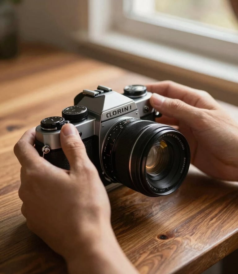 Close-up of hands adjusting a vintage camera lens on a solid walnut worktable, warm side-lit window daylight, shallow depth of field