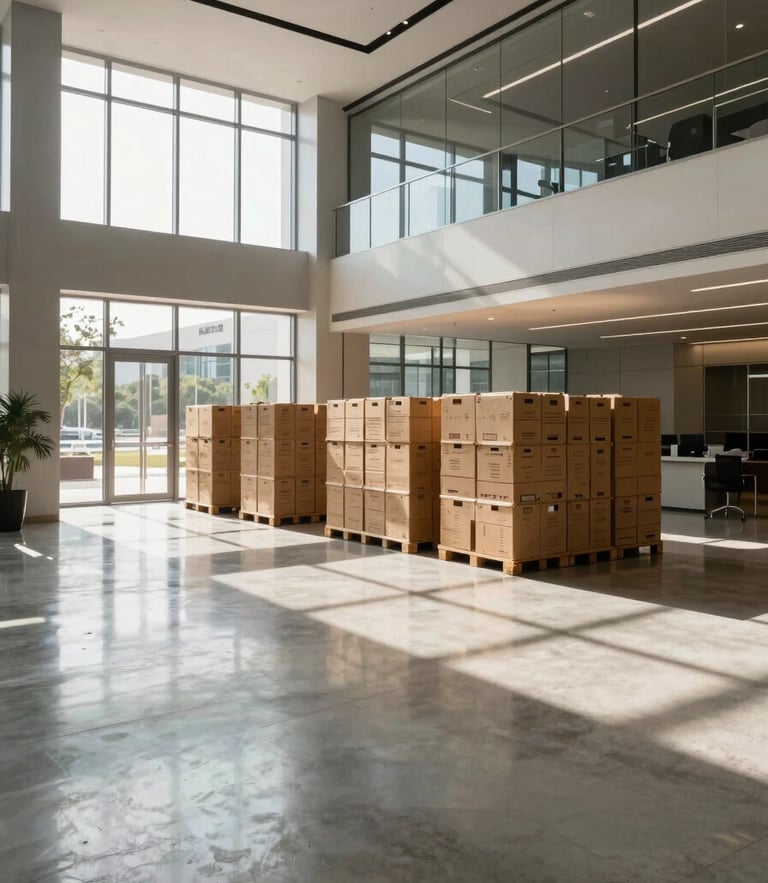 Wide architectural view of a luxury commercial office lobby in Jumeirah Park, crisp daylight reflecting off polished concrete floors, structured packing crates arranged neatly in the background.