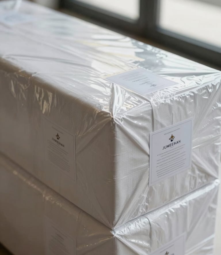 Macro close-up of heavy-duty double-walled boxes with custom labels, wrapped meticulously in thick protective textiles, bright natural daylight, clean reflections inside a luxury Jumeirah Park villa.