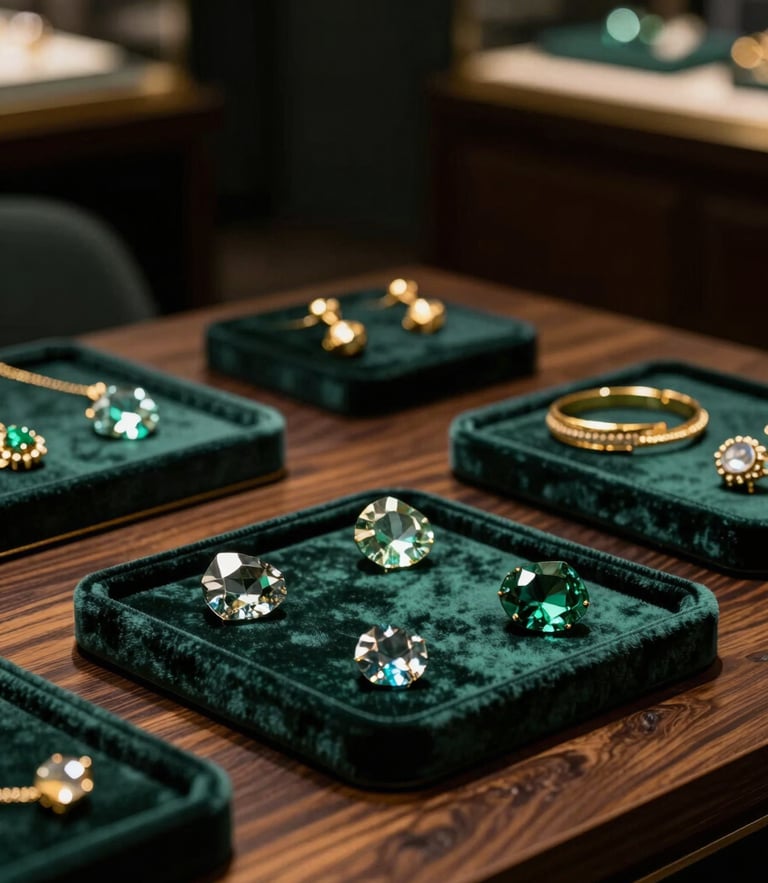luxury editorial photography, dramatic chiaroscuro lighting, deep emerald and rich gold tones, shallow depth of field. A private luxury jewelry salon in Sydney, velvet trays with raw stones on a dark oak table.
