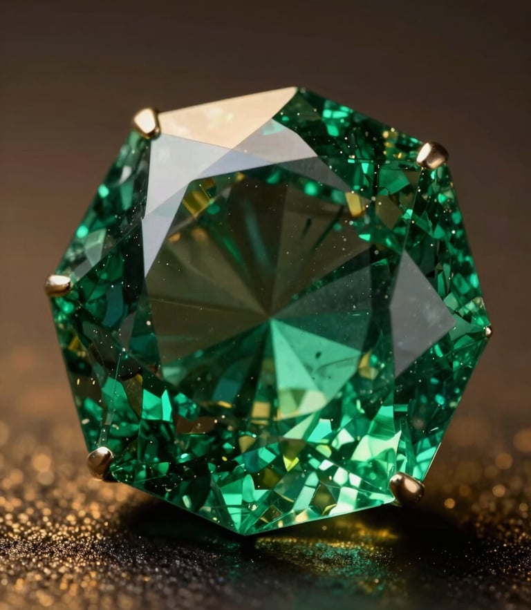 Extreme macro luxury editorial photograph of a master-cut emerald facet showing its delicate natural internal jardin, dramatic high-contrast chiaroscuro single-source lighting, deep velvety green and gold tones, shallow depth of field