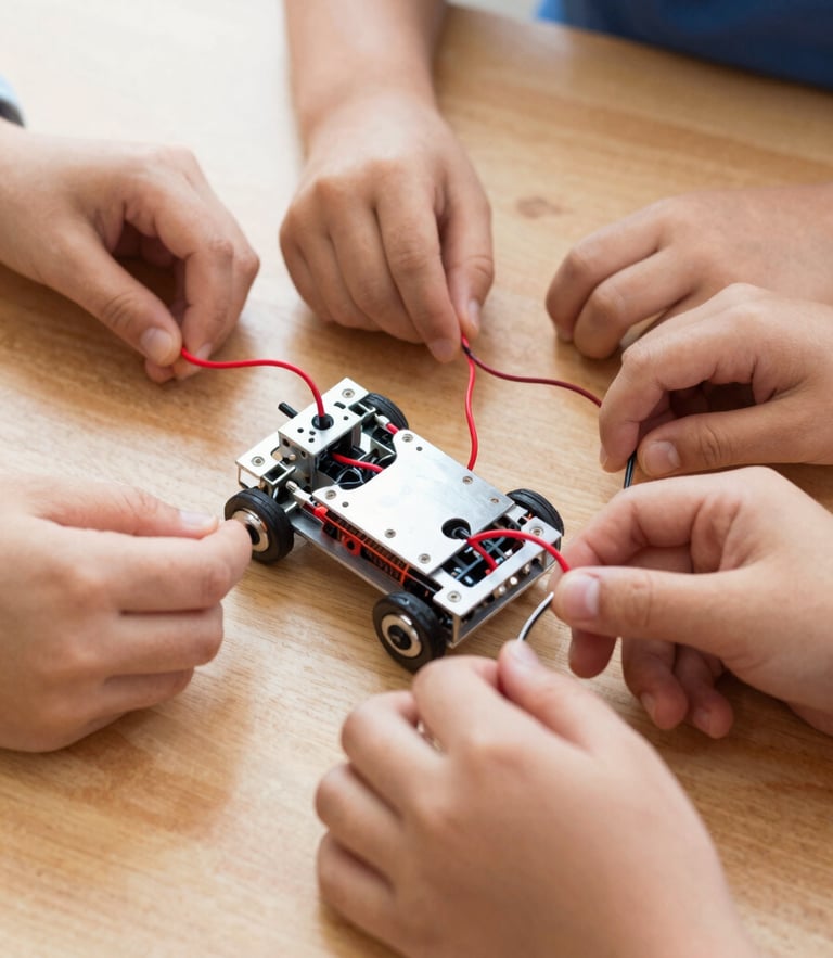 Close-up of diverse children's hands collaboratively assembling a small robotic chassis with red wires and silver metal plates on a clean wooden table, bright natural daylight.
