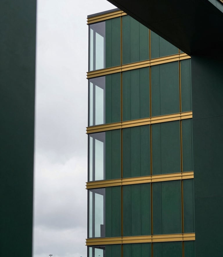 Low-key architectural detail of the modern Rotterdam port, overcast European daylight, deep forest green tones, 35mm lens framing