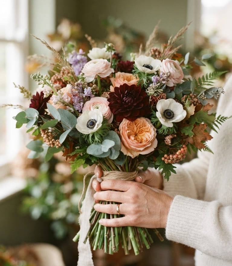Close-up of hands holding a freshly arranged seasonal bouquet, soft natural window light, sage green background, shallow depth of field, 35mm