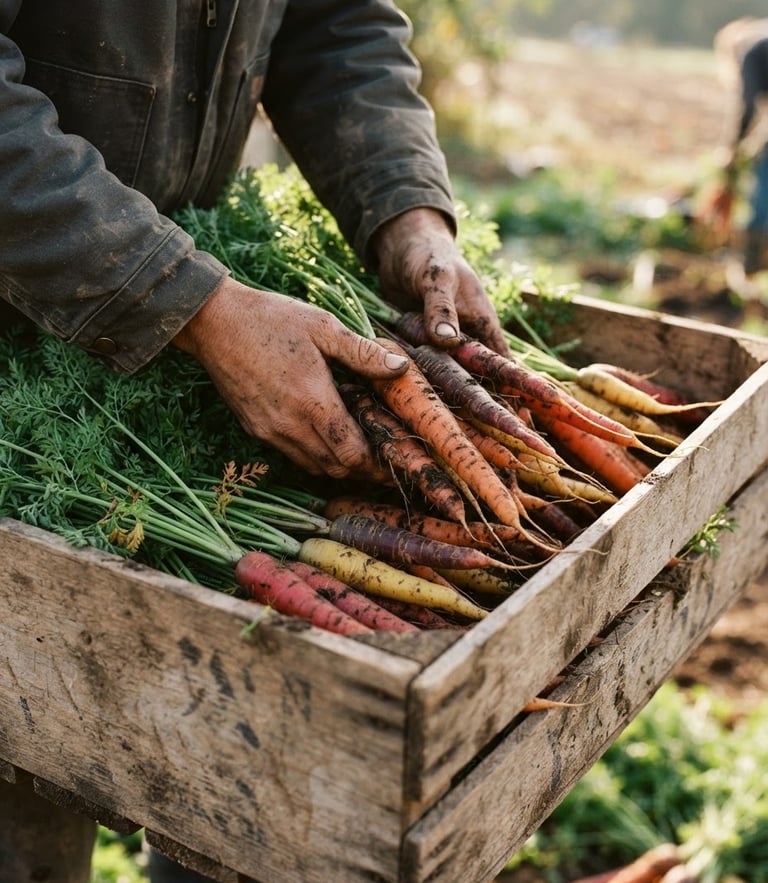 Close-up of hands loading a wooden crate of freshly harvested heirloom carrots with dirt still on the roots, early morning natural light, 35mm film.