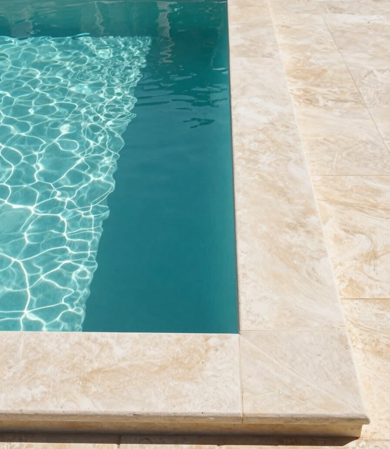 Straight-on architectural elevation of a luxury villa pool edge in France, where turquoise water meets perfectly aligned light stone coping, bright natural Mediterranean daylight, sharp clean shadows, minimalist and technical composition.
