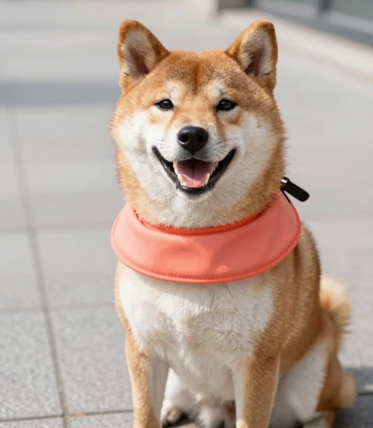 A close-up of a happy Shiba Inu wearing a bright coral waterproof collar, sitting on a clean urban sidewalk in bright natural daylight, shallow depth of field, 35mm lens.