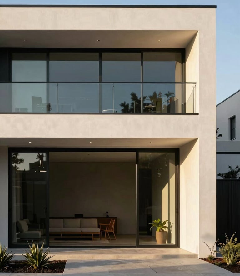 High-end architectural photography of a modern Mexicali home exterior, bright golden-hour sunlight, warm tones, clean lines, 35mm lens
