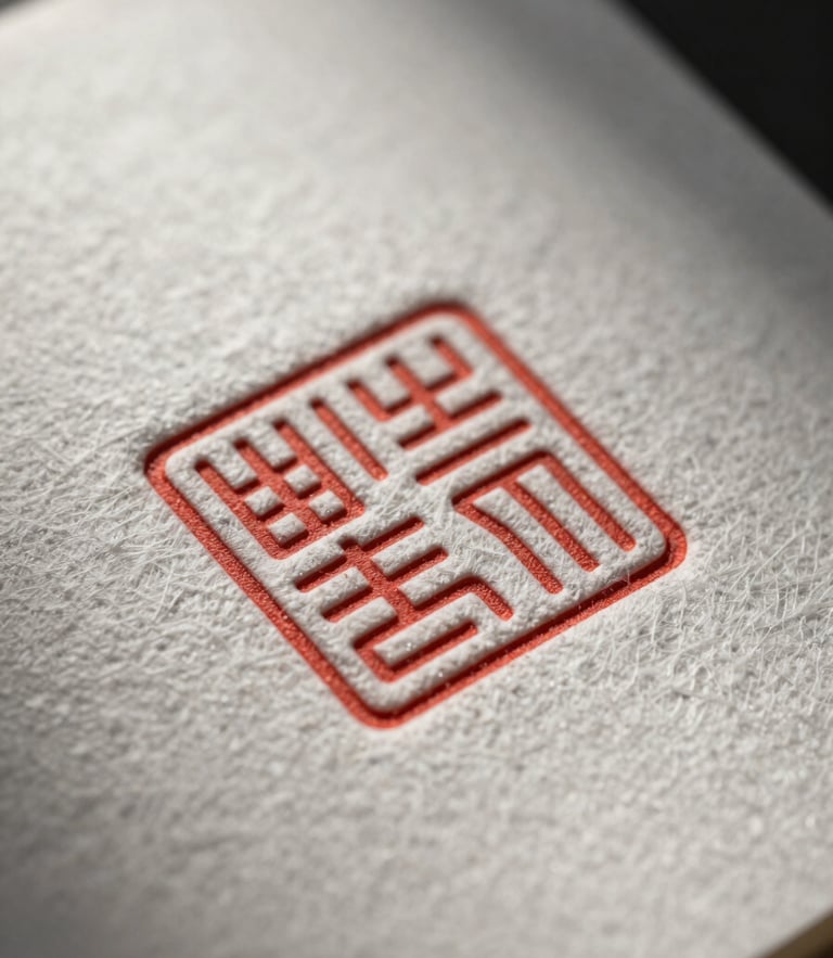 Extreme macro shot of heavy structured cotton paper with a deep blind debossing of a geometric seal, sharp dramatic side lighting, deep shadows highlighting the texture, minimal composition