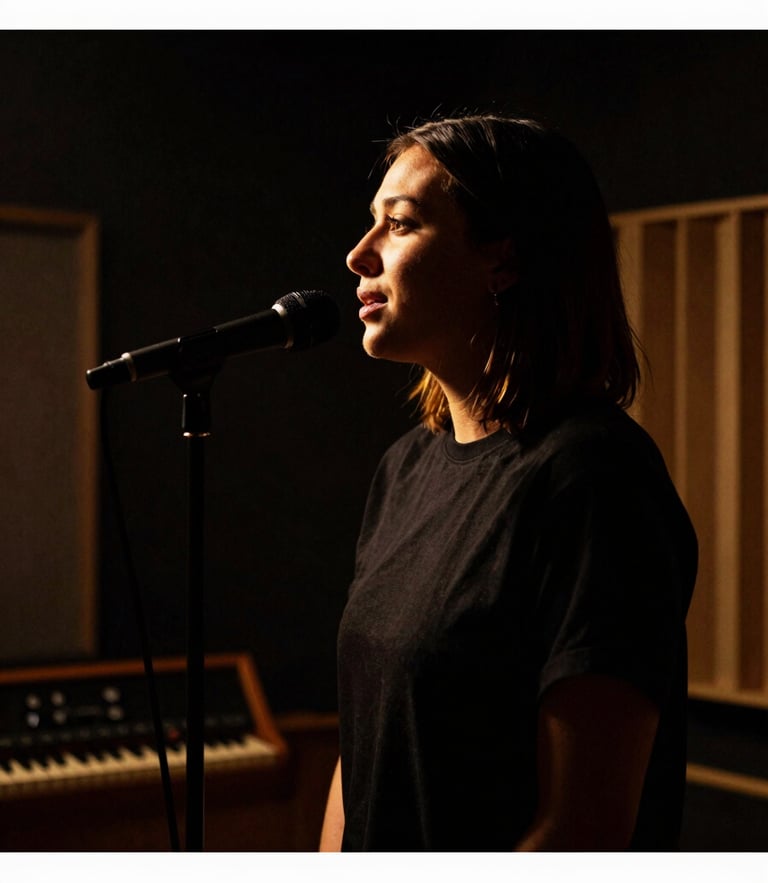 Dramatic chiaroscuro photography of a professional singer in a dark recording studio, golden rim lighting highlighting their profile, rich black and gold tones, 35mm film
