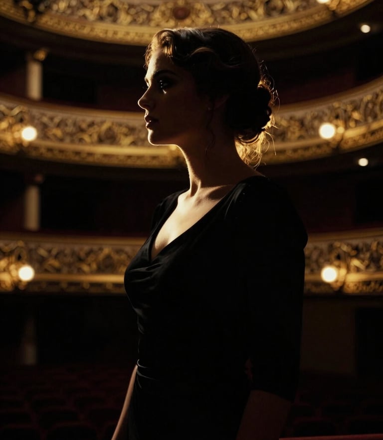 Dramatic chiaroscuro portrait of a classical singer in a dark opera house, golden rim lighting defining the silhouette, rich black and gold tones, 35mm film