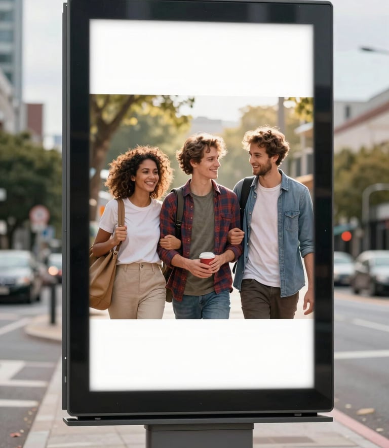 Straight-on centered mockup of a clean digital billboard displaying a community ad, bright daylight, sharp focus