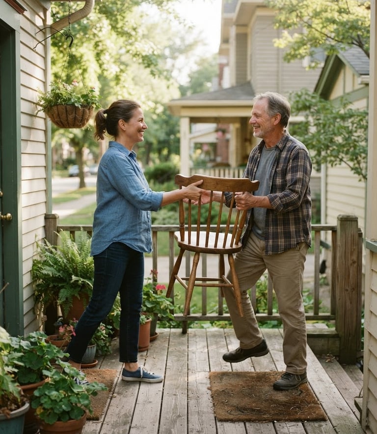 Warm documentary photograph of a neighbor handing a wooden chair to another neighbor on a sunny porch, natural daylight, 35mm lens
