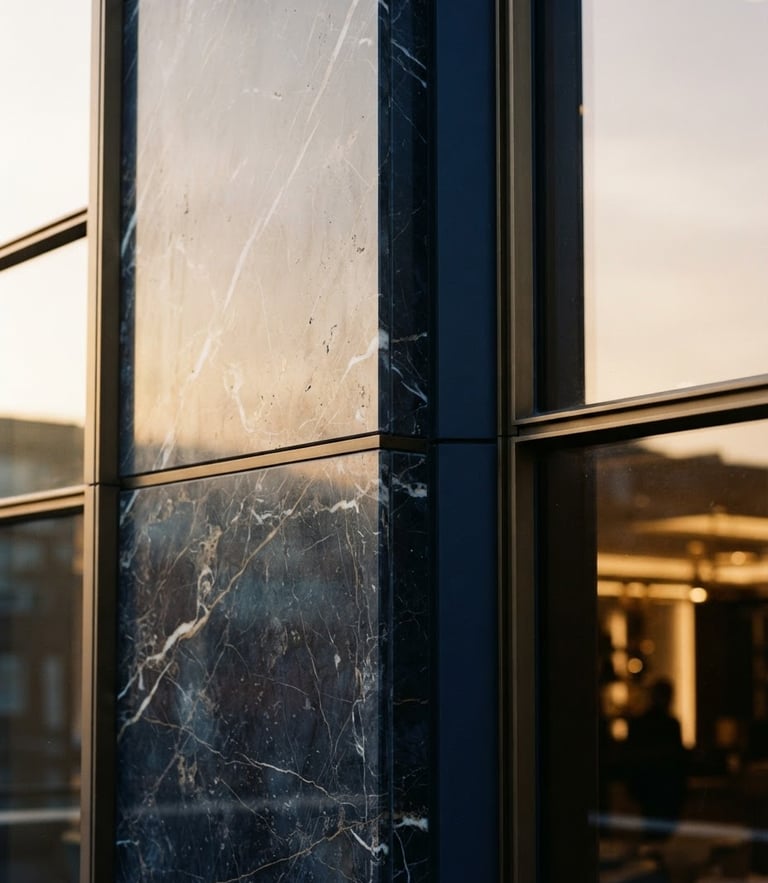 Close-up of a modern architectural facade with clean lines and premium marble texture under soft golden-hour light, warm editorial 35mm