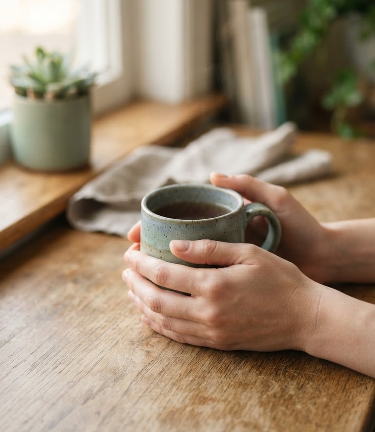 A calm, reflective environmental shot of hands holding a warm ceramic mug on a clean wooden table, soft natural morning light, shallow depth of field