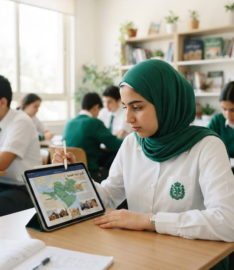 Bright editorial photography of high school students in clean uniforms studying Islamic history on tablets, soft natural daylight, emerald green accents, shallow depth of field, 35mm