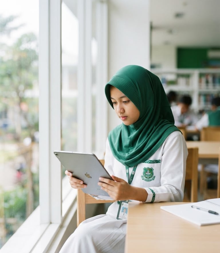 Bright editorial photography, a Muslim high school student sitting by a window with a tablet, soft natural daylight, emerald green school uniform details, shallow depth of field, 35mm