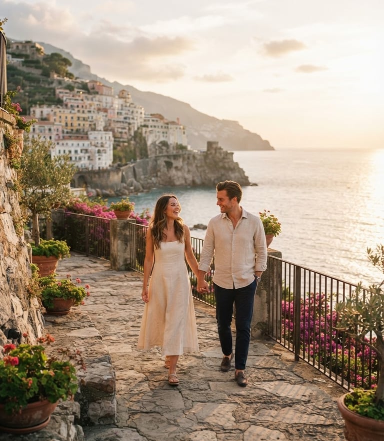An elegant couple walking along a sun-drenched European stone terrace overlooking the sea, warm golden hour light, soft cinematic tones