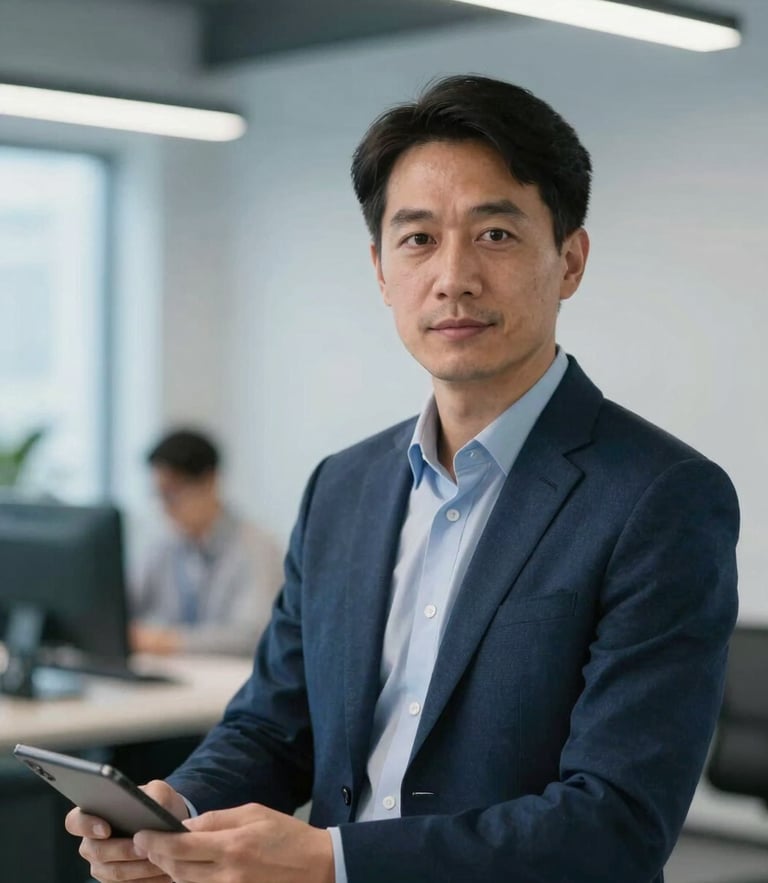 Professional direct-gaze portrait of a focused operations manager in a bright, modern US office workspace, clean LED lighting, cool blue tones, highly detailed.