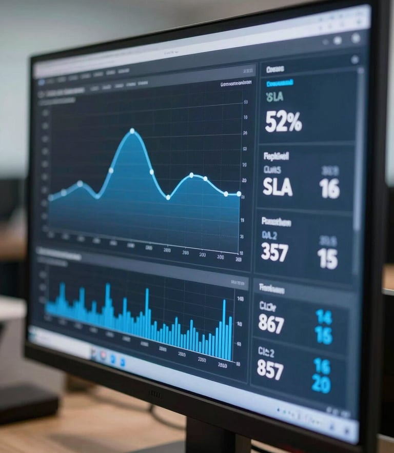 A close-up macro shot of a real-time operational dashboard on a high-end monitor, showing clean SLA metrics, uptime percentages, and blue data visualizations under cool office LED lighting.