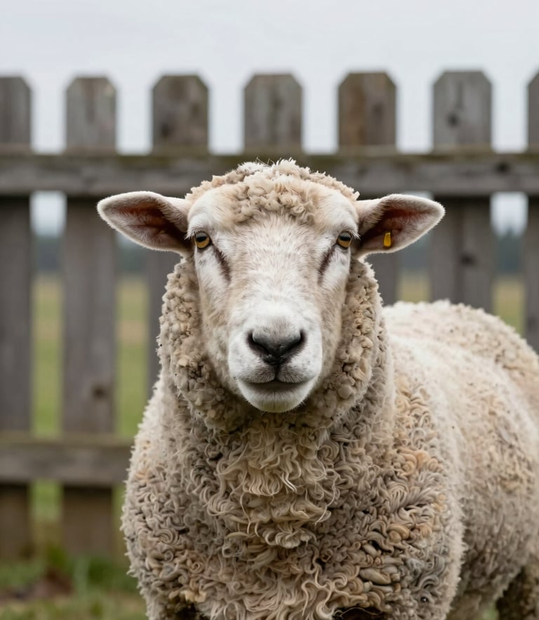 An eye-level portrait of a rescued sheep looking directly at the camera, soft overcast Pacific Northwest light, weathered cedar fence in the background.