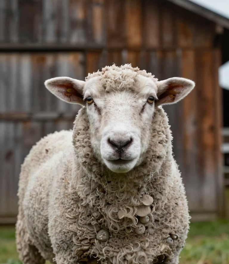 Eye-level portrait of a rescued sheep looking directly at the camera, soft overcast Pacific Northwest daylight, weathered barn wood background, 50mm lens.