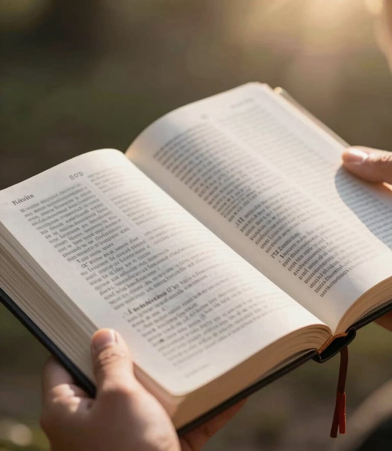 A natural-light, close-up shot of a missionary holding an open Bible, soft focus on the pages, warm sun flare from the top right, editorial style.