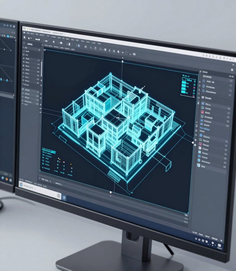 A crisp macro photograph of a dual-monitor workstation displaying a complex architectural CAD model, cool cyan lines glowing on screen, bright studio lighting.