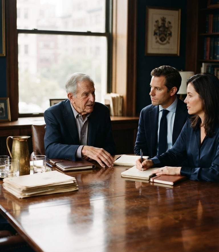 A warm editorial photograph of a traditional family business boardroom, soft natural window light reflecting on a polished wooden table, deep navy tones, shallow depth of field, 35mm.