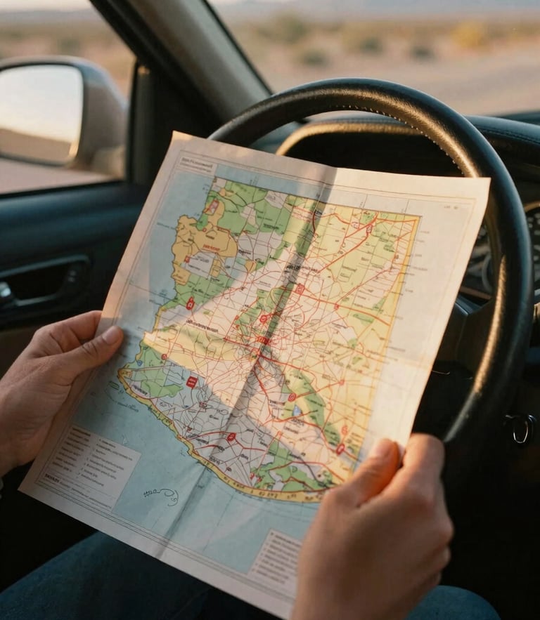Close-up of hands holding a vintage paper map of Arizona over a steering wheel, warm golden-hour light filtering through the windshield, 35mm film look.