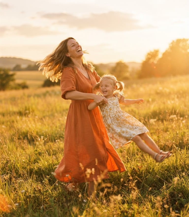 A warm sun-drenched outdoor field at golden hour, a mother laughing while spinning her young daughter, candid motion blur, soft sun flares, 35mm film style