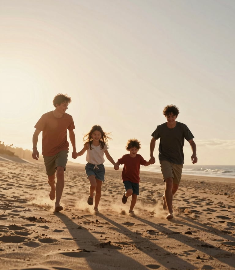 Candid portrait of a young family running down a sandy beach dune at golden hour, warm backlighting, sand flying, pure joy, cinematic 35mm film