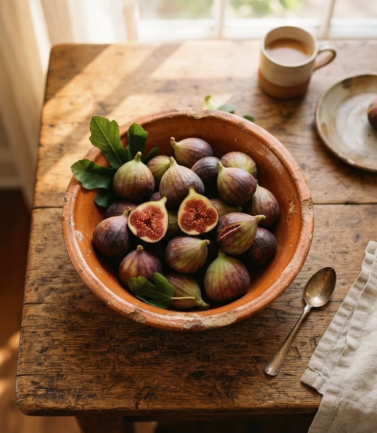 Overhead shot of a rustic wooden table with a handmade terracotta bowl filled with fresh figs, warm morning sunlight casting soft window shadows, 35mm film texture.