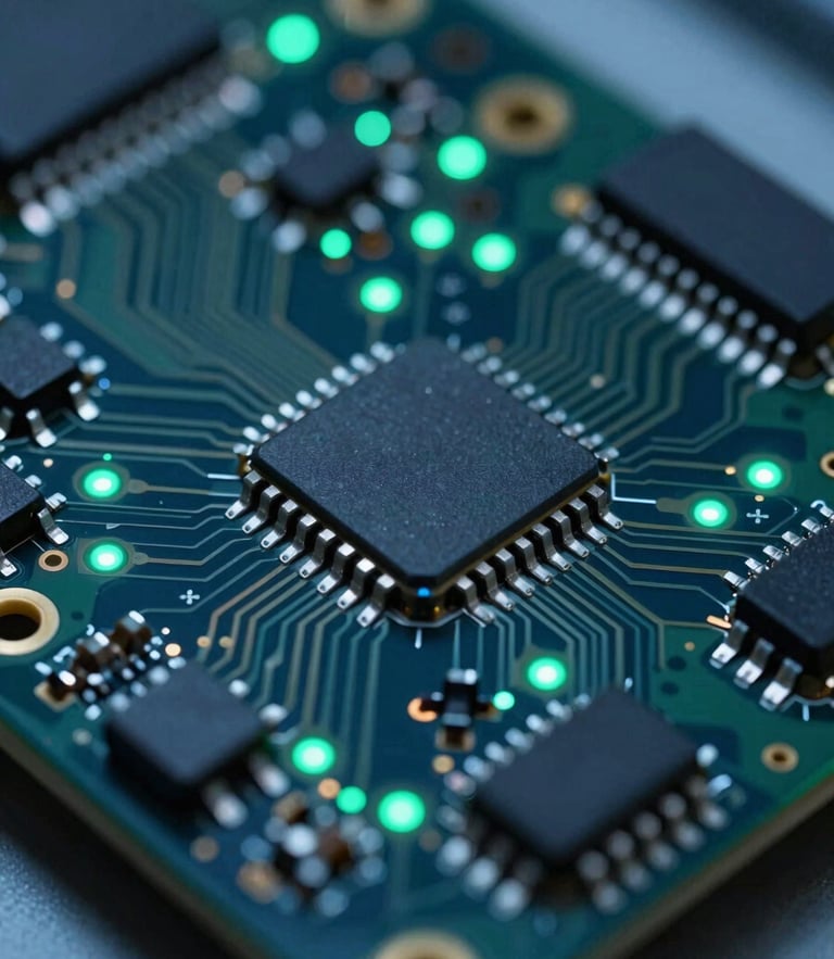 Macro technical photography of a high-density circuit board with glowing green LEDs, cool lab lighting, sharp focus on copper traces, 50mm