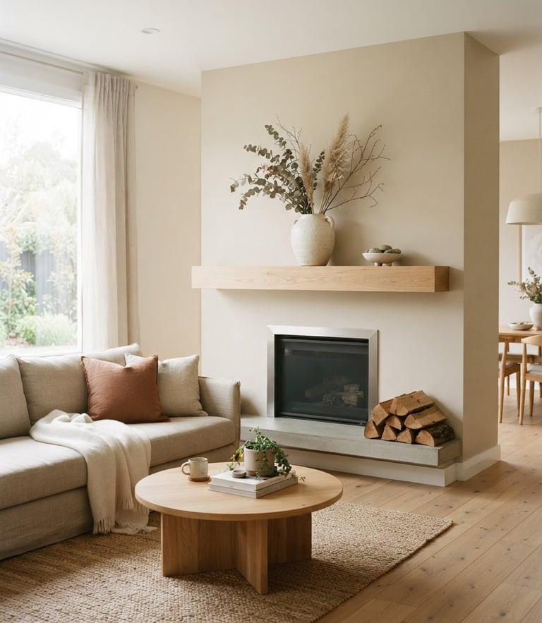 Bright, airy modern living room with natural light, a white oak mantle styled with a minimalist ceramic vase and dried branches, warm neutral tones, editorial photography, 35mm lens