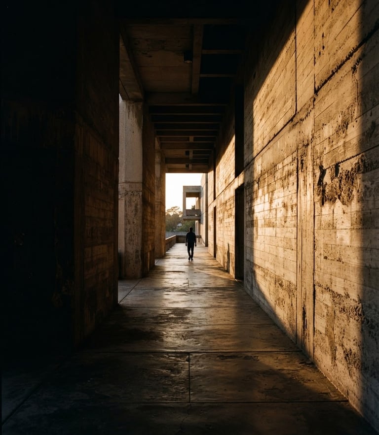 Dramatic architectural photography of a monolithic concrete corridor, sharp golden-hour grazing light cutting across raw stone textures, high-contrast chiaroscuro, deep shadows and warm amber highlights, 35mm lens, wide angle.