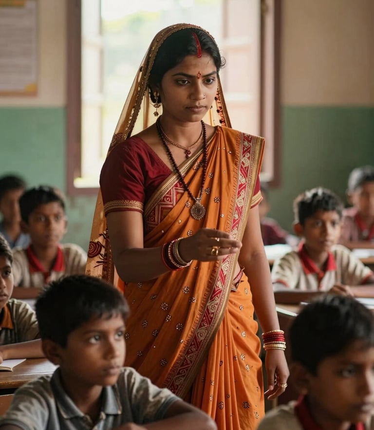 A medium shot of a young tribal woman teaching a classroom of focused children in rural Maharashtra, warm natural daylight streaming through a window, eye-level angle emphasizing agency.